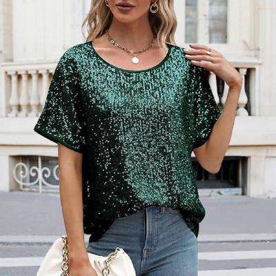 Women Tops Round Neck Short Sleeve Loose Fit Tee Shirt Sparkling Sequins Casual Shirt