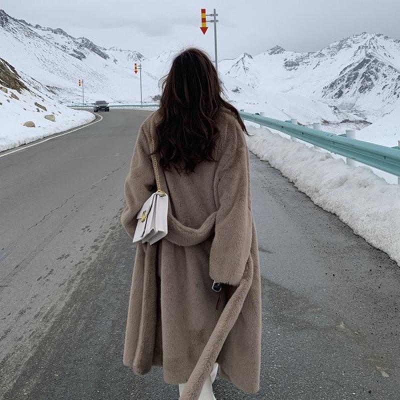 Winter Warm Thick Faux Fur Coat Women Long Trench Jacket Faux Mink Fur Collar Eco Friendly Outerwear