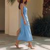 Summer Women Long Dress Solid Color Wide Straps Pleated Midi Dress Breathable Casual Sleeveless Slim Fit Above Ankle Length Dress