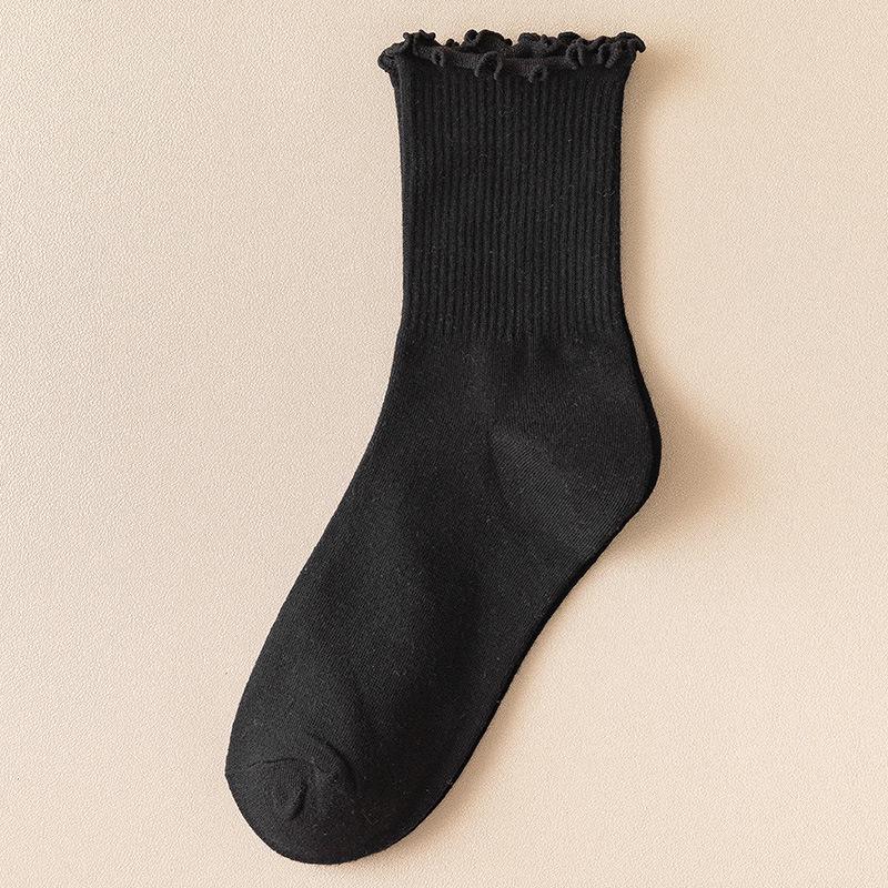 Schwarze Socken mit Ohrrand, Damen-Wadensocken, Weiße Dünne Trendige Sommer-Frotteesocken, Spitzensocken