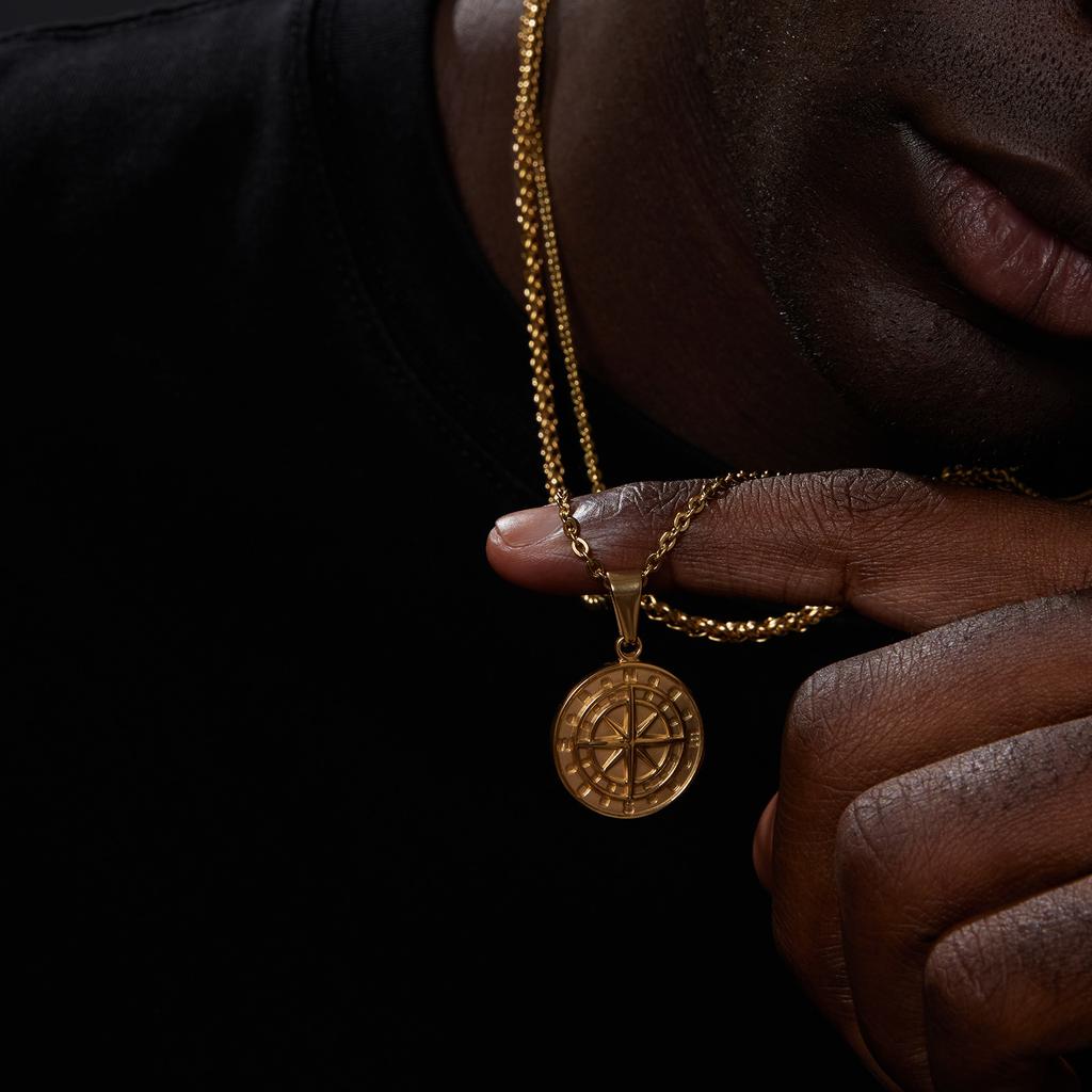 Ανδρικά κολιέ με στρώματα Vnox, μενταγιόν πυξίδας ταξιδιού ιστιοπλοΐας, αλυσίδα σίτου Figaro από ανοξείδωτο ατσάλι, περιστασιακό ρετρό γιακά