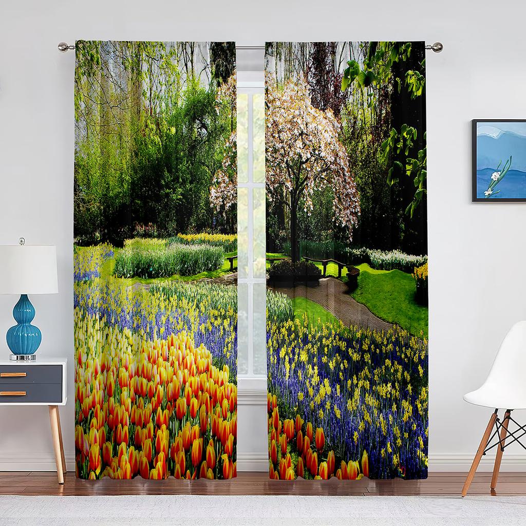 Garden Tulip Flower Field Trees Sheer Voile Curtains for Living Room Bedroom Balcony Party Decor Tulle Curtains Window Treatment