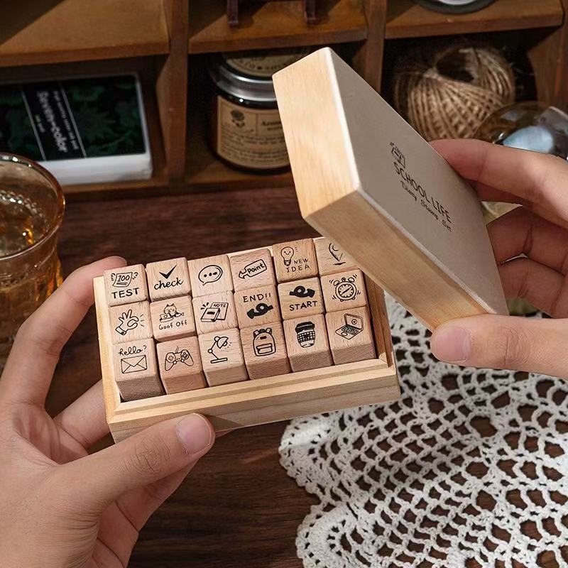 Daily Life 18 Beech Wood Seal Set Box Diy Diary Decoration Material Stamp Wooden Box Seal Kawai Stationery Lovely Gift Supplies