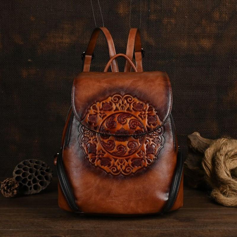 Johnature Vintage cestovní tašky, ručně vyráběné totemové reliéfní velkokapacitní všestranný dámský batoh