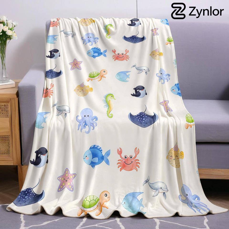 Watercolor Sea Animal Ultra Soft Sherpa Fleece Blanket Fluffy Warm Halloween Cozy Throw for Sofa Couch Bedroom Gift All season