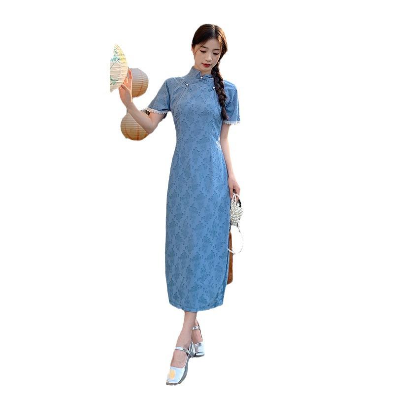145 Shorty Republic Style New Chinese Cheongsam Dress: Women's Waist-Slimming A-Line Mid-Length XS for a Taller Look - Perfect for Summer