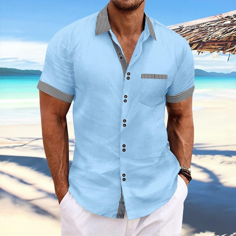 Mens Casual Striped Patchwork Short Sleeve Button Down Shirt