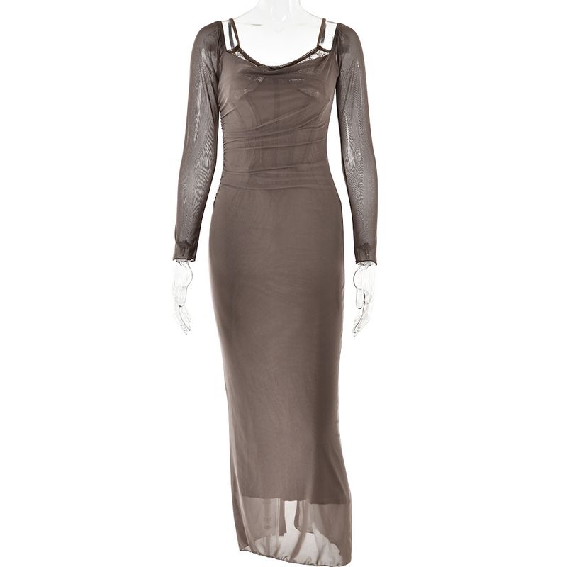 

Transition Sexy Zone Quality Fashion Elegant Ladies Long Sleeves U-Shaped Collar Dress Tight Split Long Skirt Dark brown S