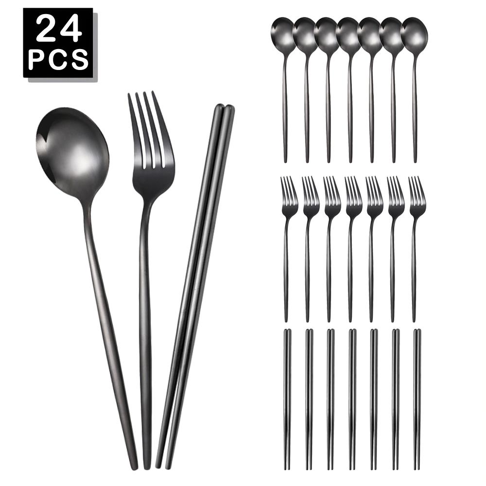 Golden Korean Tableware Set 24Pcs Luxury Cutlery Set Stainless Steel Dinnerware Fork Spoon Chopsticks Flatware Set