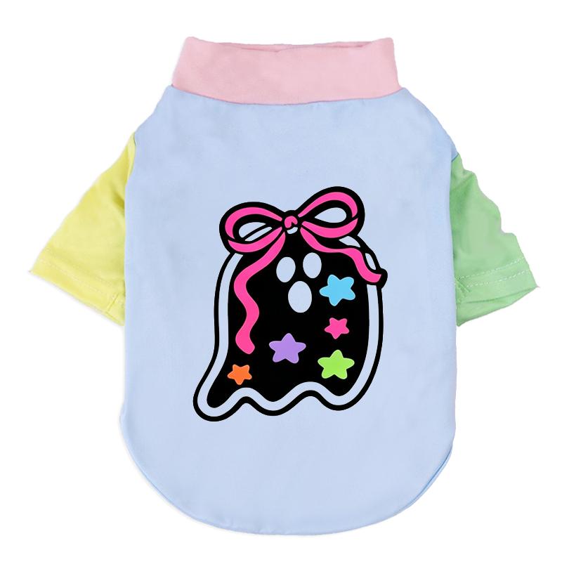 Halloween Cute Ghost Print Pet T‑Shirt Cats & Dogs Soft Cotton Clothes Outfit For Bichon French Bulldog Holiday Party Costume