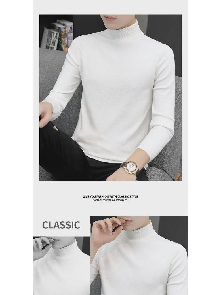 Men's Black Slim Fit Mid-Neck Knitted Sweater - Half Turtleneck for Autumn/Winter