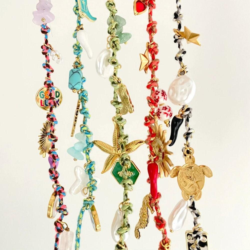 Pearl Accent DIY Knotting Rope Chain Colorful Turtle Pendant Necklace Gold-Plated Necklace Summer