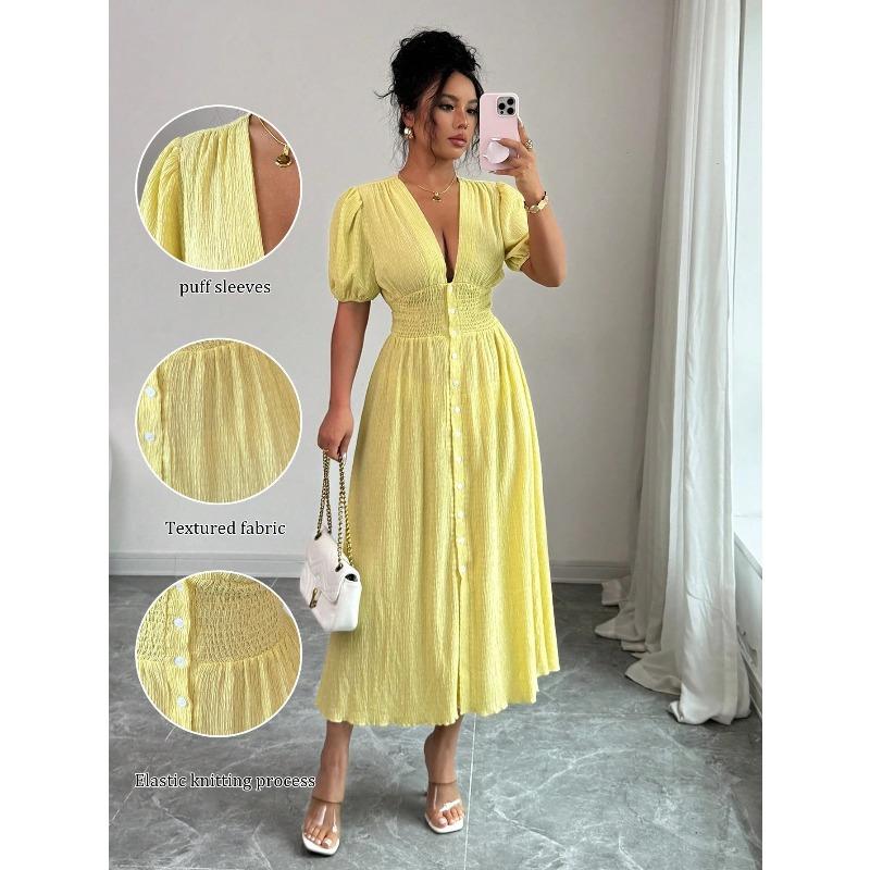 Daily life, elegant women s V-neck bubble sleeves, medium and long styles, women s spring and summer dresses S светло-желтого