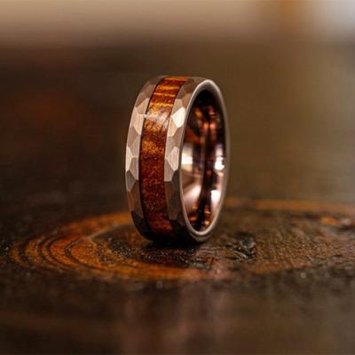 Luxury 8MM Koa Wood Inlay Stainless Steel Ring Bevel Edge Men's Jewelry Polished Wedding Band