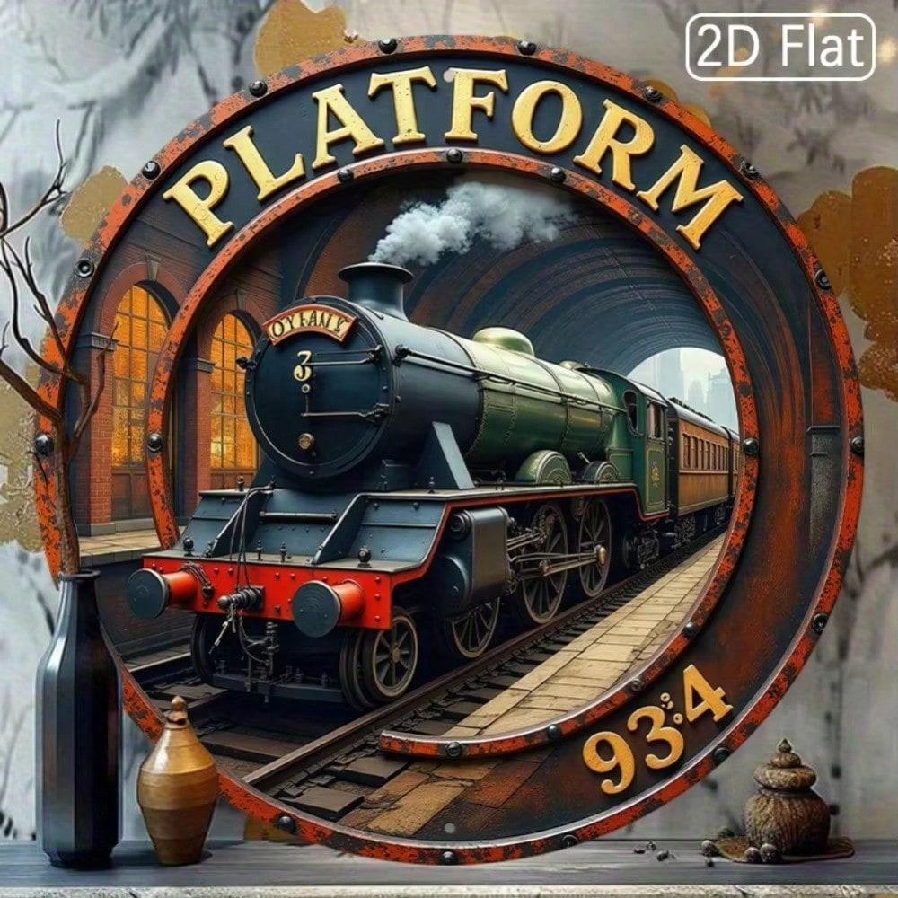 Vintage Metal Train Wall Art 8x8 Inch Round Aluminum Sign Retro Home Decor