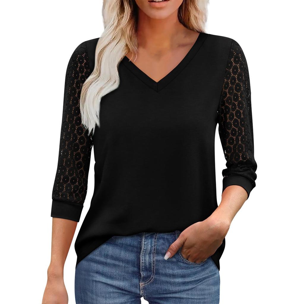 Women's Seven Quarter Sleeved V-Neck Color Lace Patchwork Casual Top Casual Top