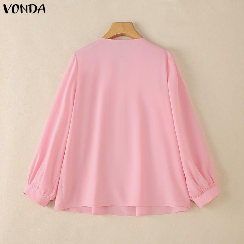 VONDA Summer Women V Neck Crochet Lace Splicing Loose Casual Long Sleeve Blouse