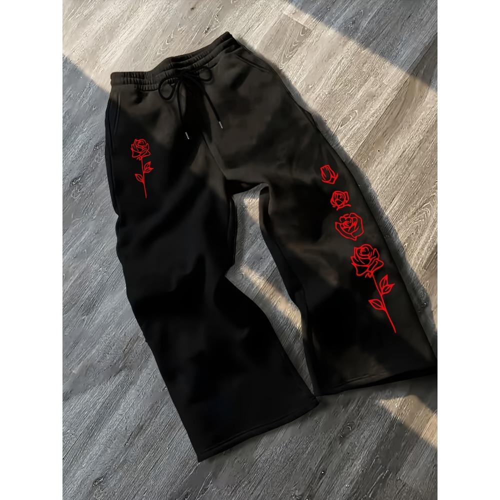 

Men s Gothic Dark Casual Running Pants with Rose Print Pattern, Loose Straight Leg Drawstring Pants, Comfortable Running Pants for All Seasons S