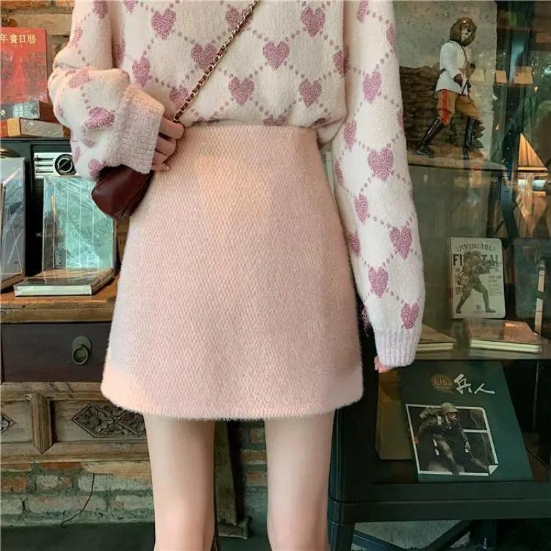 High-end Temperament Skirt Women s Autumn and Winter New Thickened Imitation Mink Velvet Skirt High Waist Skirt S розовый