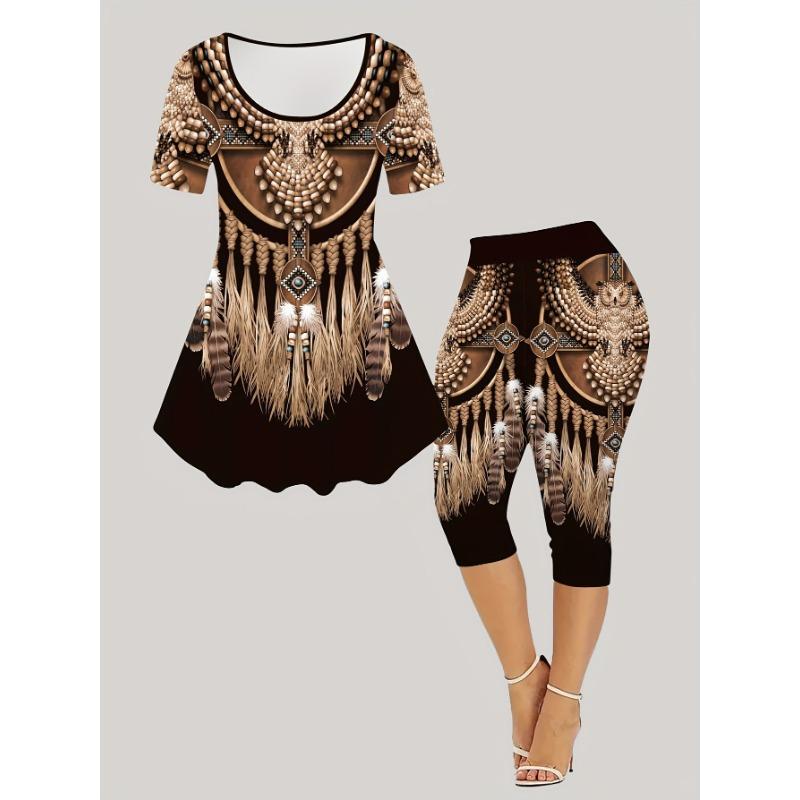 Women s fashionable geometric pattern printed short-sleeved cropped pants suit 2XL