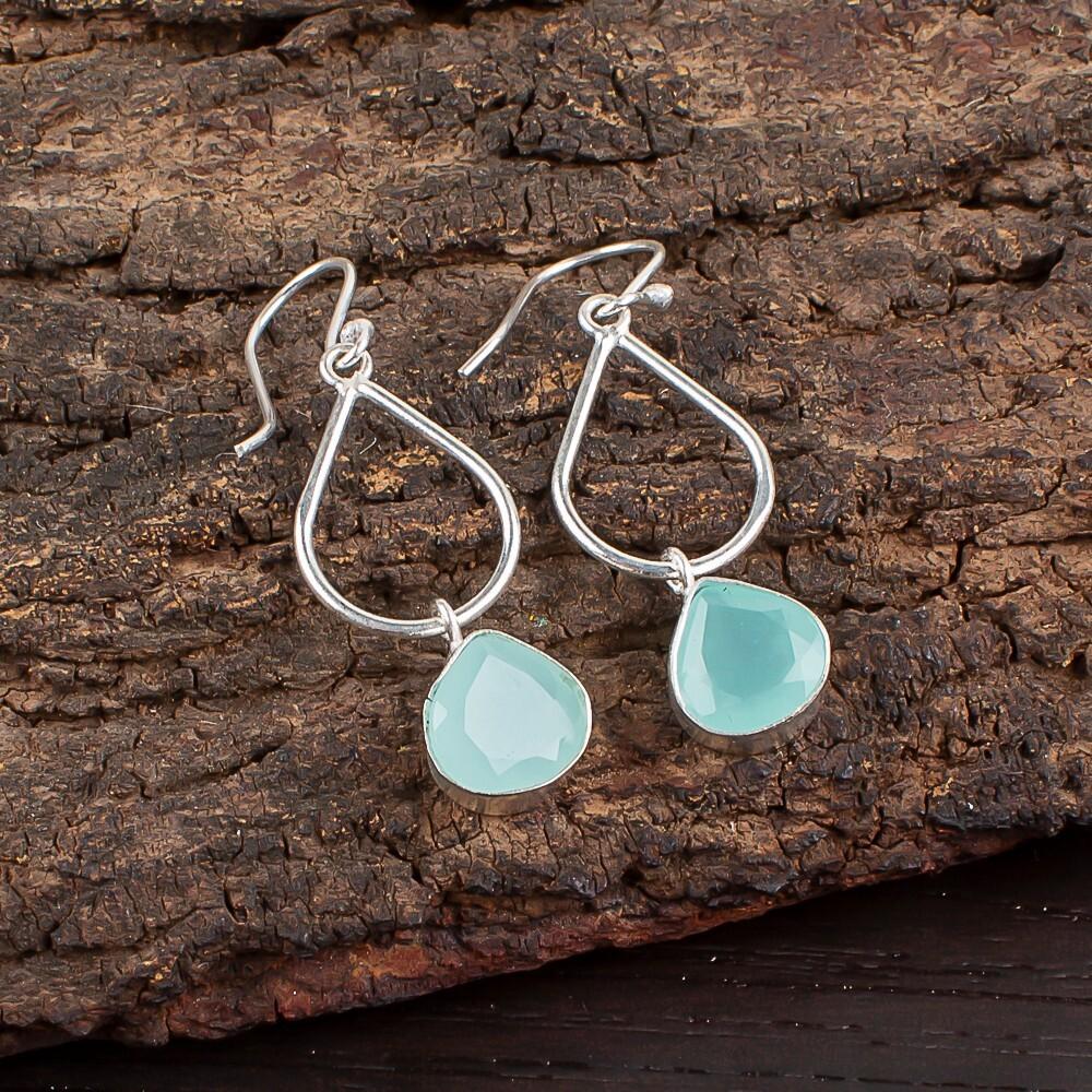 Aqua Chalcedony Gemstone 925 Sterling Silver Jewelry Handmade Earrings 1.90" EE-19-14