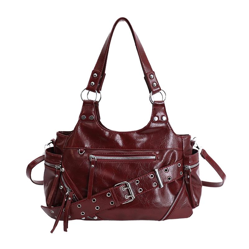 Spring Multi Zipper Large Capacity Shoulder Bag for Women 2026 Simple Motorcycle Style Underarm Bag Rivet Retro Commuter Bag