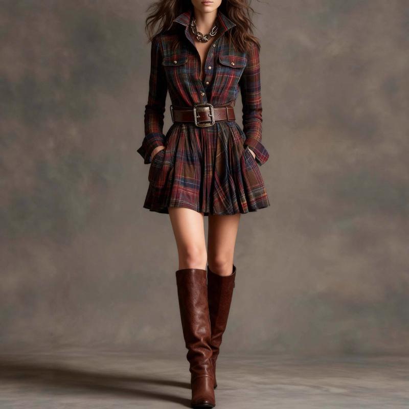 Women's Vintage Shirt Dress with Pockets, Elegant Plaid Long Sleeve Short Dress for Women