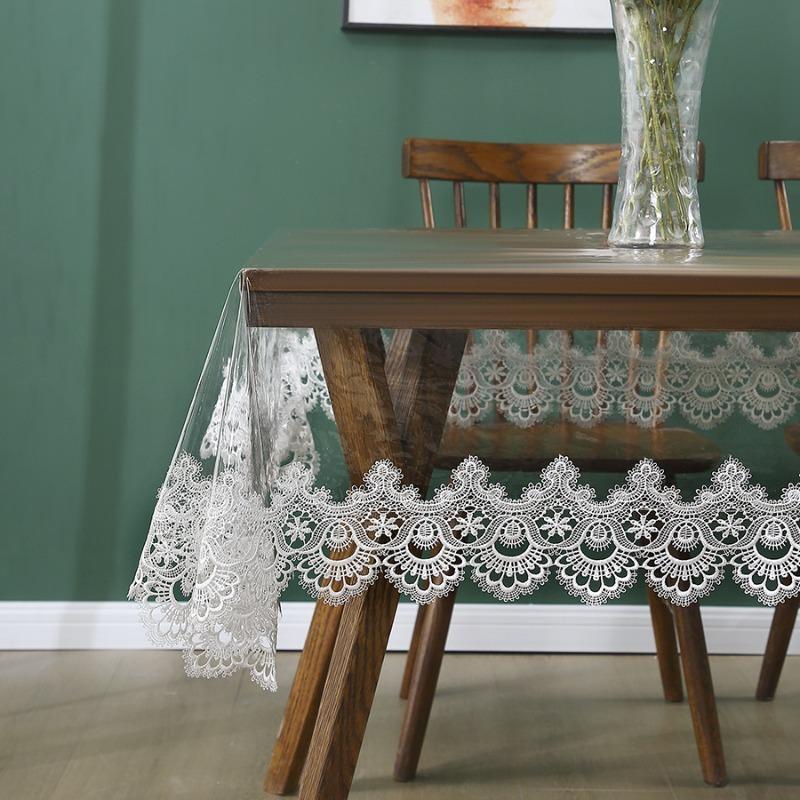PVC No-rinse Lace Trim Tablecloth Waterproof and Oil Resistant Household Coffee Table Wear-resistant and Anti Slip Tablecloth for Dining Tables