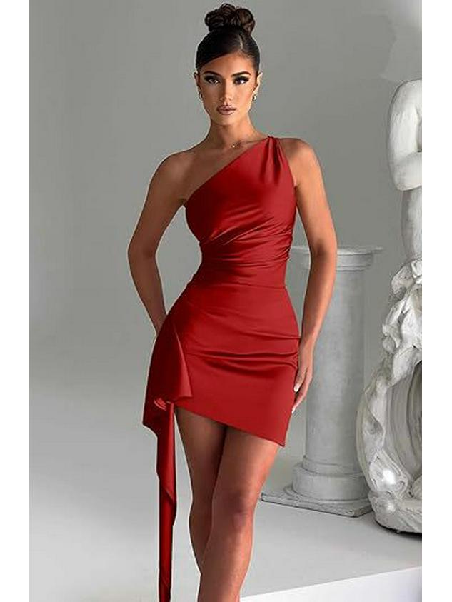 One-Shoulder Ruched Slit Satin Dress - European & American Summer Elegance