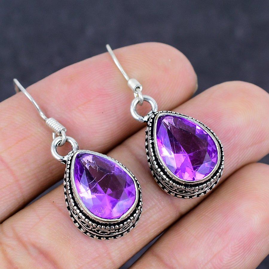 Pink Amethyst Gemstone 925 Sterling Silver Jewelry Earring 1.38"
