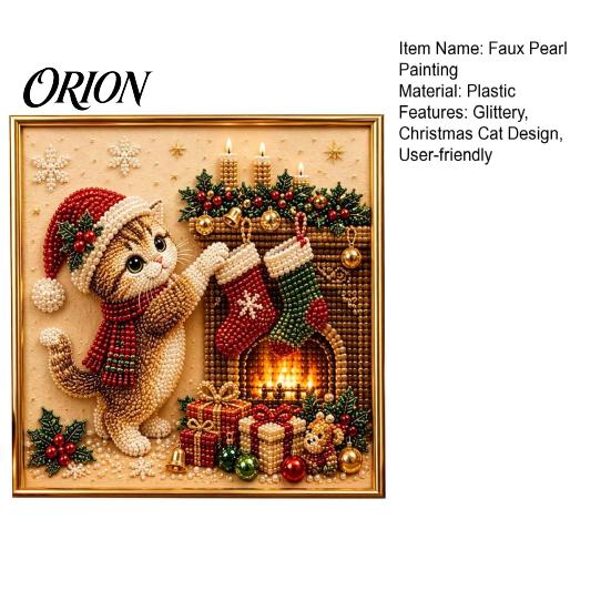 Christmas Faux Pearl Art Kit Xmas Cat Painting Kit, Festive DIY Winter Home Decor Cute Kitty 3D Bead Craft for Adults Teens, Holiday Wall Sparkling