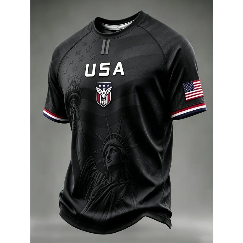 USA Football Jersey Statue of Liberty Print US Flag Eagle Badge Short Sleeve T-Shirt American National Soccer Fan Sports Tops