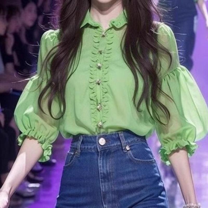 

Женские блузки в китайском стиле, новые летние, пэчворк, отложной воротник, на пуговицах, модные, элегантные, универсальные, с рукавами-фонариками XXL зелёный