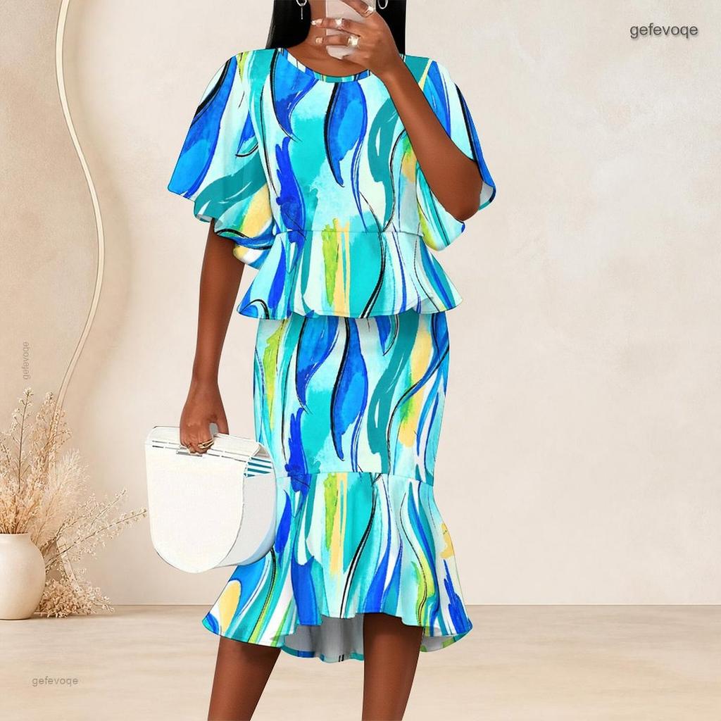 Women Plus Size Round Neck Batwing Sleeve Blue Brown Printed Ruffle Hem Top Fishtail Skirt Two Piece Set