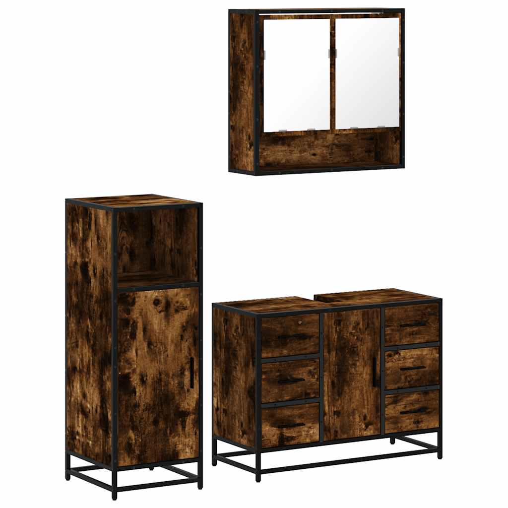3 Piece Bathroom Furniture Set Smoked Oak Wood Based Material