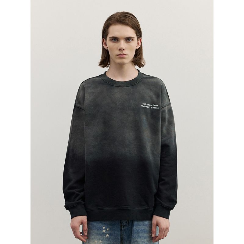 Black of Exit Chinese Style Heavy-Duty Washed Gradient Slogan Print Crew Neck Sweatshirt Unisex American Style Cotton Top