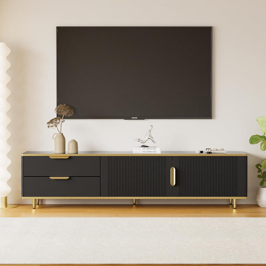 TV Schrank 170x40x53 cm Lowboard Schubladen Moderner Fernsehtisch Goldene Griffe Füße Wohnzimmer Esszimmer Weiß