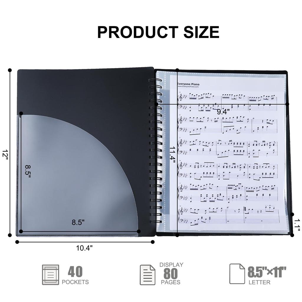 Musfunny Music Score File, Writable, A4 Size: 2-sided, 40 sheets80 pages, Anti-reflective - 180-degree flat opening, ring-bound, stable on music