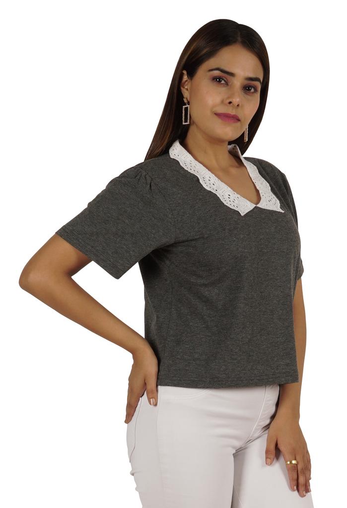 Moomaya Dámský top s krajkovým límečkem Petra Pana, hladký žerzejový krátký ležérní T-shirt