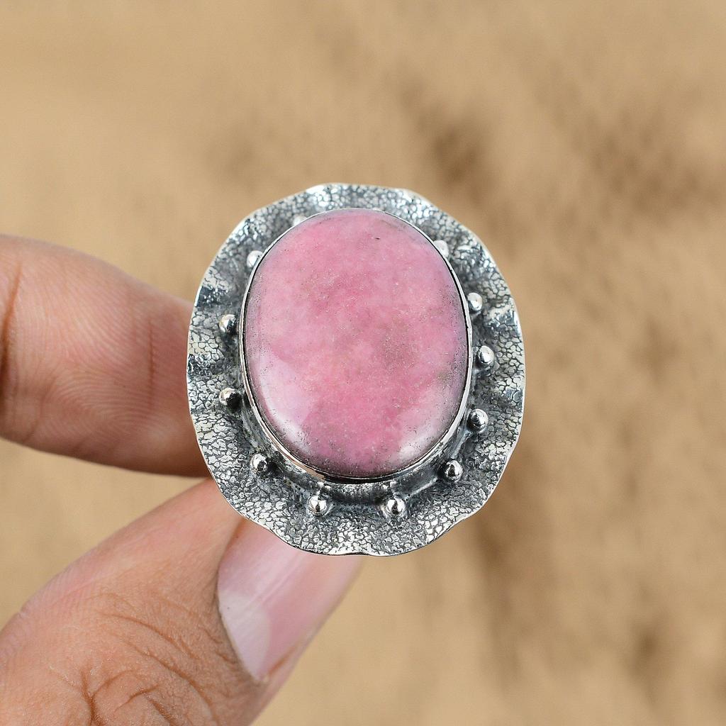 Mothers day Sale Rhodonite Gemstone Elegant Promise Ring Sterling Silver US 9.25