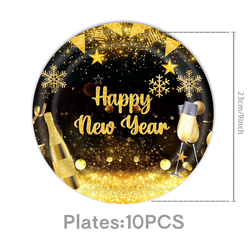 New Year 2026 Black and Gold Party Set: Paper Plates, Napkins, Pull Flag, Tablecloth