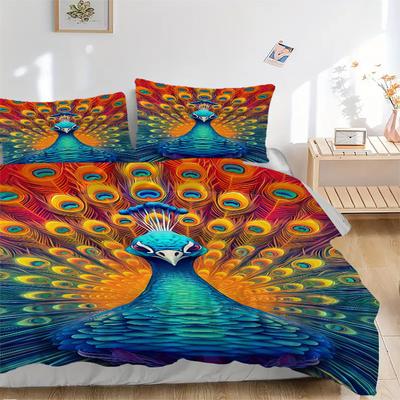 3pcs Peacock Feather Bedding Set - 1 Duvet Cover + 2 Pillowcases(Core Not Included), Machine Washable Polyester, All-Season Comfort, Bedroom