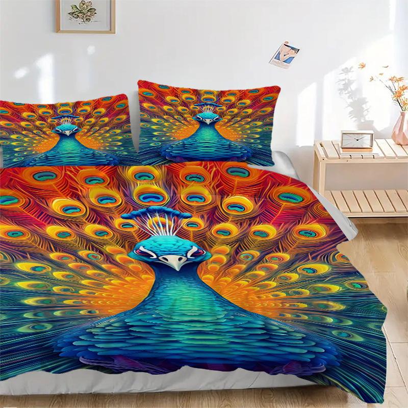

3pcs Peacock Feather Bedding Set - 1 Duvet Cover + 2 Pillowcases(Core Not Included), Machine Washable Polyester yy251216196 135x200cm