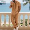 Autumn Casual Linen Hooded Short Sleeve Henley Shirt with Long Pants Set for Men