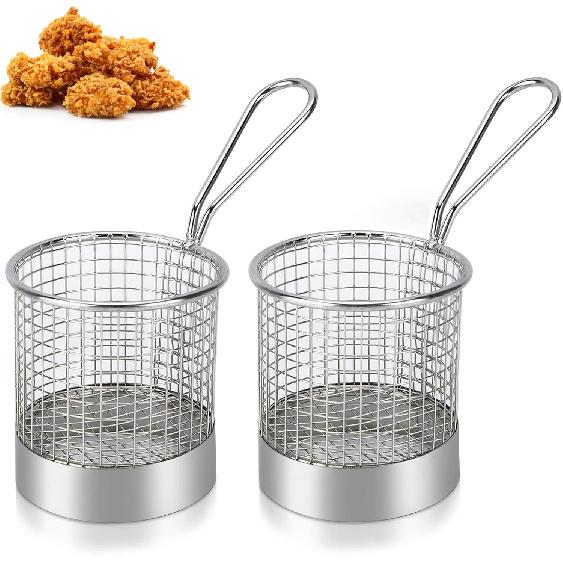 2PCS Mini Round Stainless Steel Deep Fry Basket, French Chip Frying Serving Food Baskets Mini French Fry Chips Baskets Net for Snacks Reusable Fries