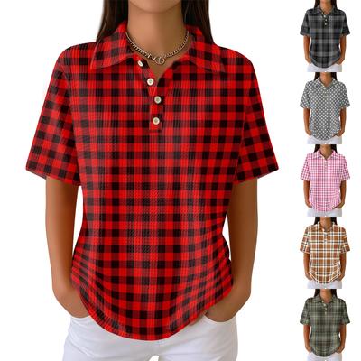Women’s Casual Short Sleeve Waffle Knit Collared Shirt with Striped and Plaid Print Button Down Design for Everyday Wear