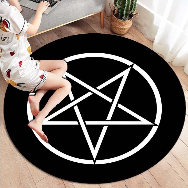 Pentacle Symbol Rug , Pentagram Patterned Round Carpet , Satan Devil's Trap , White on Black Supernatural Carpet