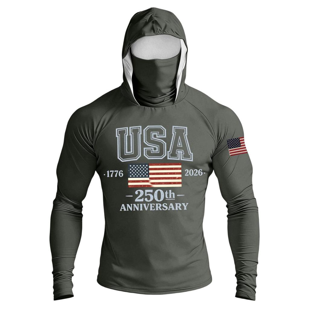 Men's Casual Raglan Sleeve Hooded Long Sleeve Sun Protection Shirt USA 250th Anniversary Graphic Lightweight Performance Top