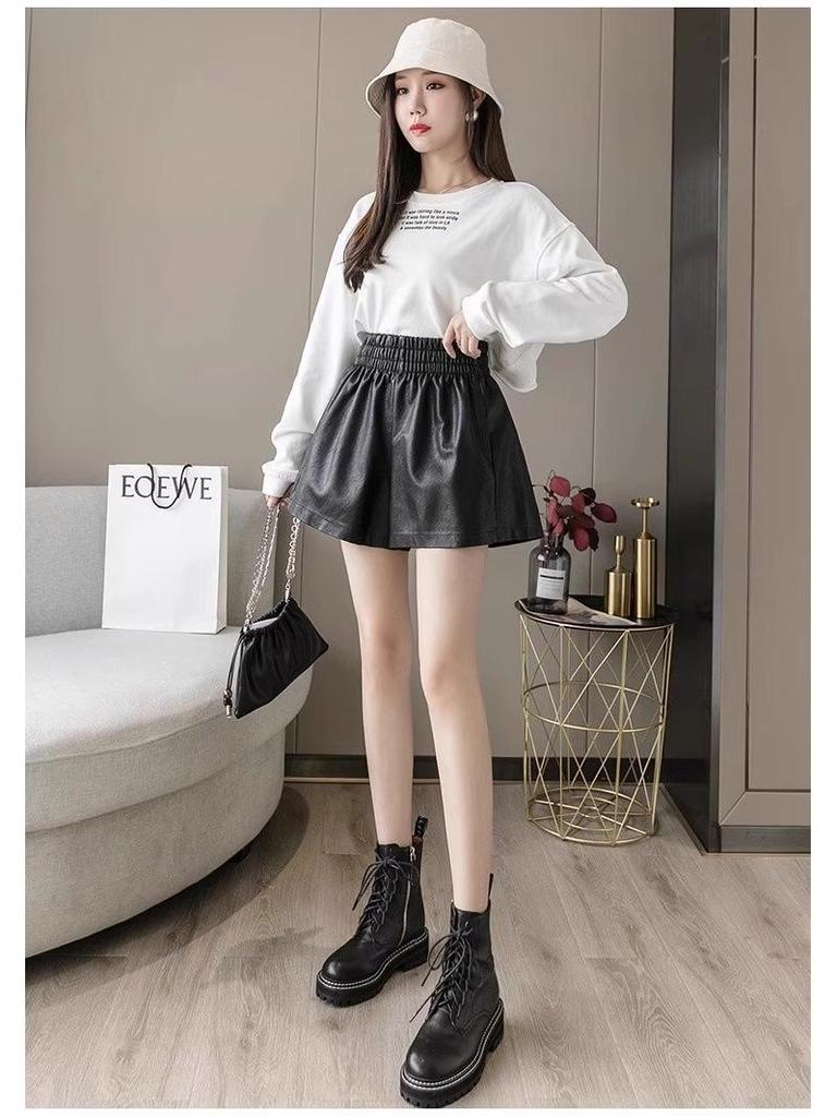Women's 2023 Autumn/Winter PU Leather A-Line Shorts, High Waist, Loose Fit, Casual Slim Boot Style
