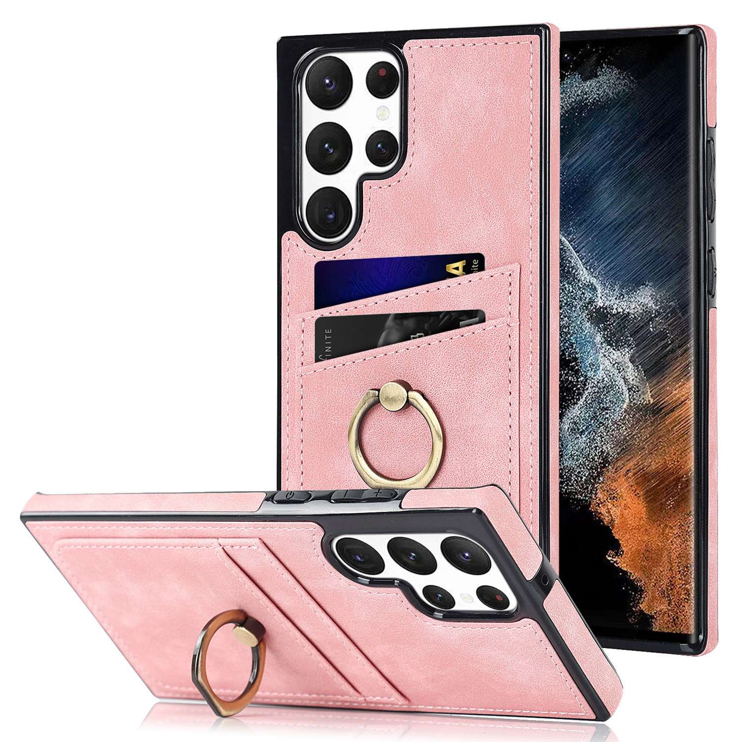 

For Samsung Galaxy S24 Ultra Cell Phone Case Ring Kickstand PU Leather Coated TPU Cover Pink